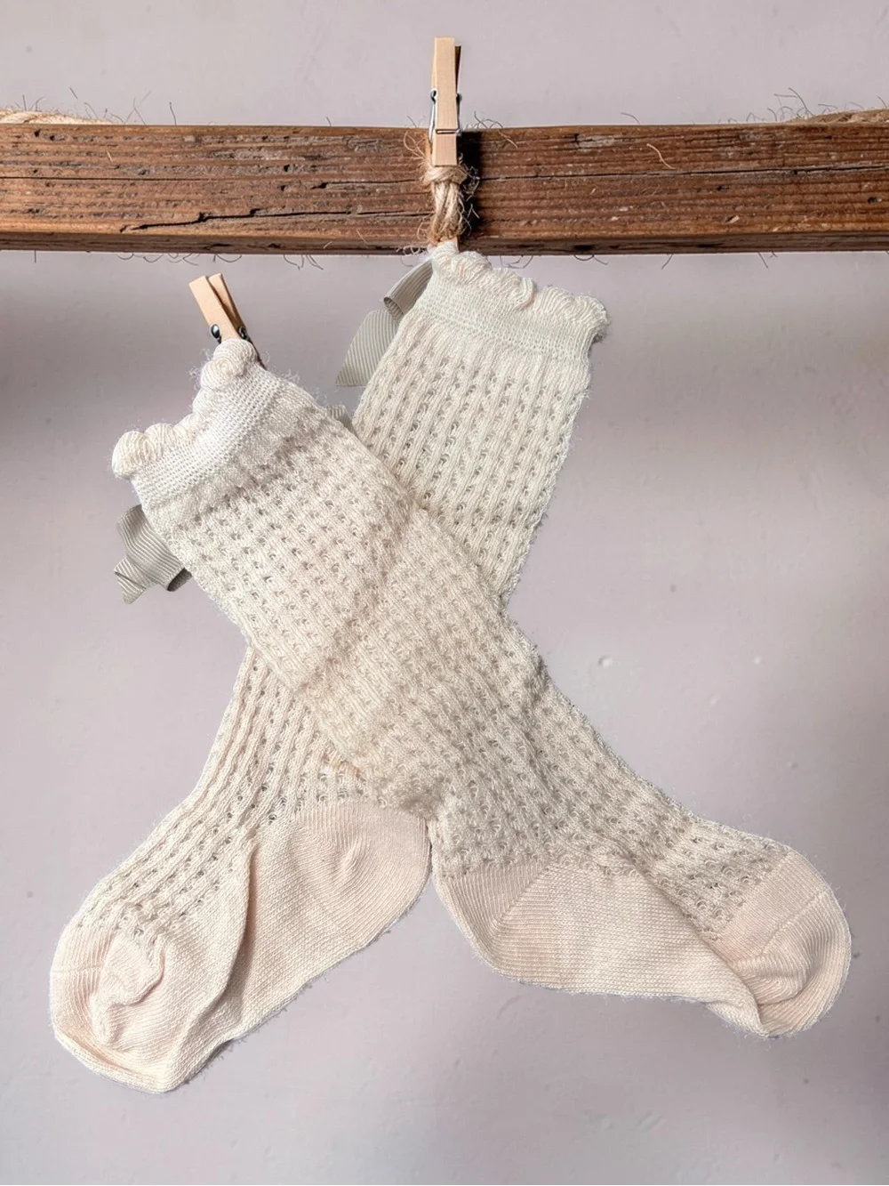 Boho Crochet Knit Toddler Knee High Bow Socks Cream Taupe Size 1-3 Years